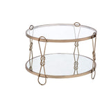 32" Silver and Champagne Mirrored Glass And Metal Round Frame Coffee Table With Shelf