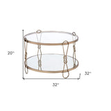 32" Silver and Champagne Mirrored Glass And Metal Round Frame Coffee Table With Shelf