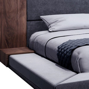 Gray and Walnut Wood And Upholstery Queen Bed Frame With Attached Nightstands