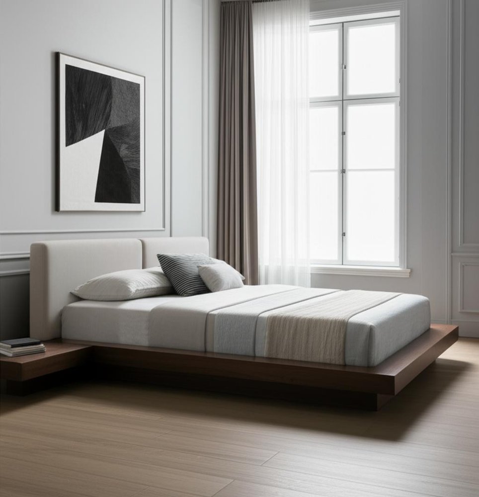 Gray and Walnut Wood And Faux Leather Queen Bed Frame With Attached Nightstands