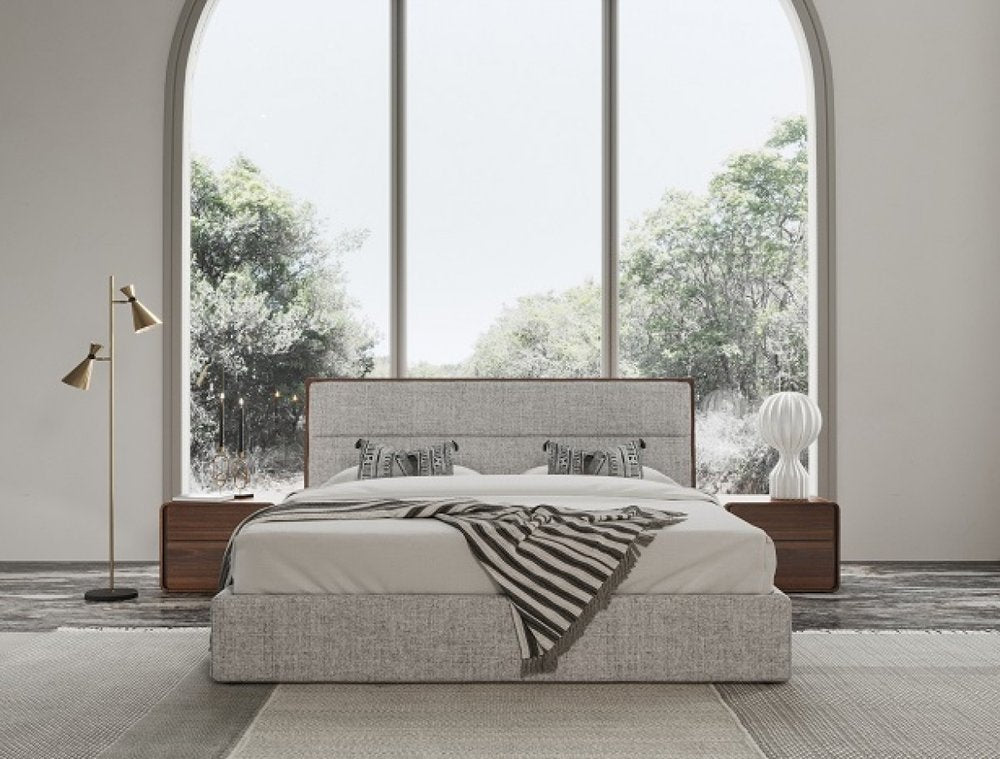 Brown and Gray Wood Upholstered Queen Bed Frame