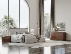 Brown and Gray Wood Upholstered Queen Bed Frame
