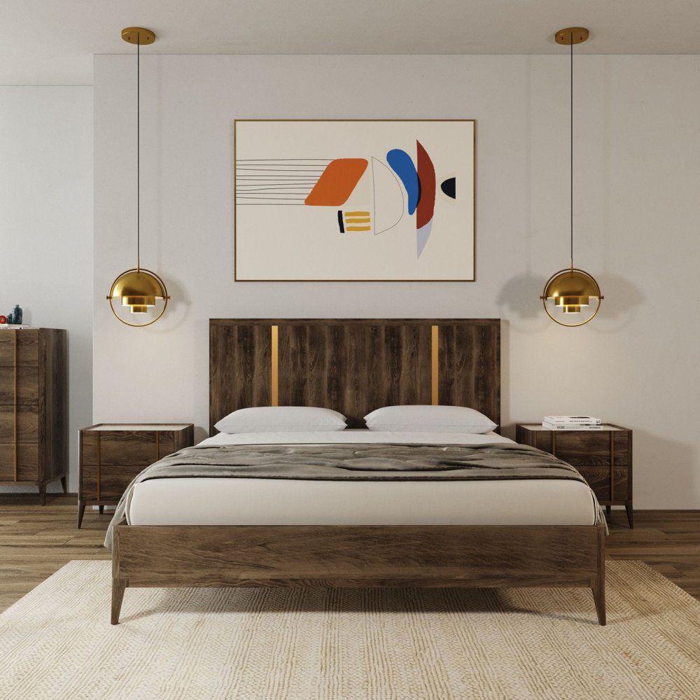 Brown and Gold Wood King Bed Frame