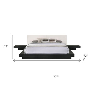 Black and White Wood And Faux Leather King Bed Frame With Attached Nightstands