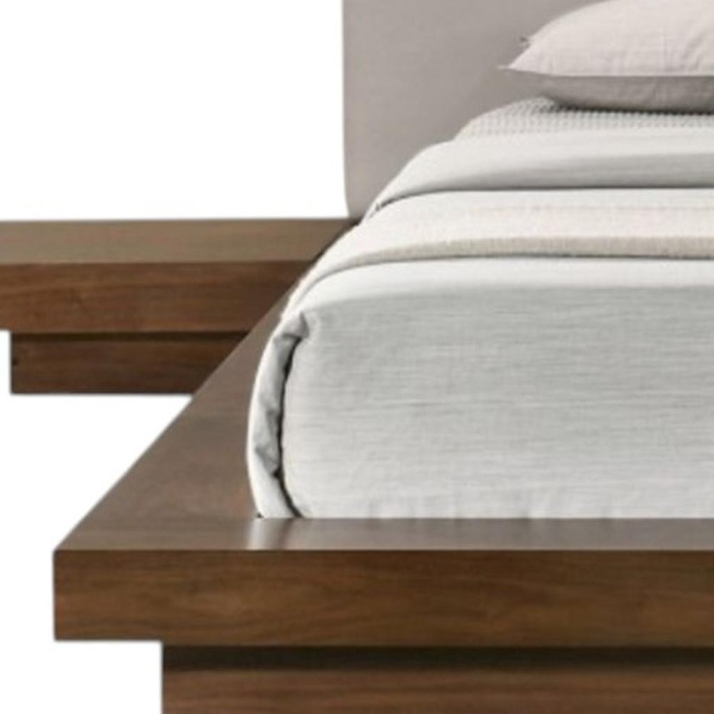 Gray and Walnut Wood And Faux Leather King Bed Frame With Attached Nightstands