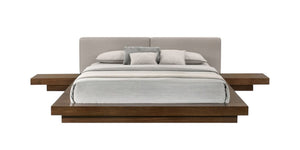 Gray and Walnut Wood And Faux Leather King Bed Frame With Attached Nightstands