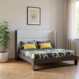Gray and White Wood And Faux Leather King Bed Frame