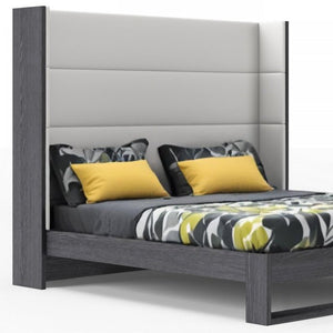 Gray and White Wood And Faux Leather King Bed Frame