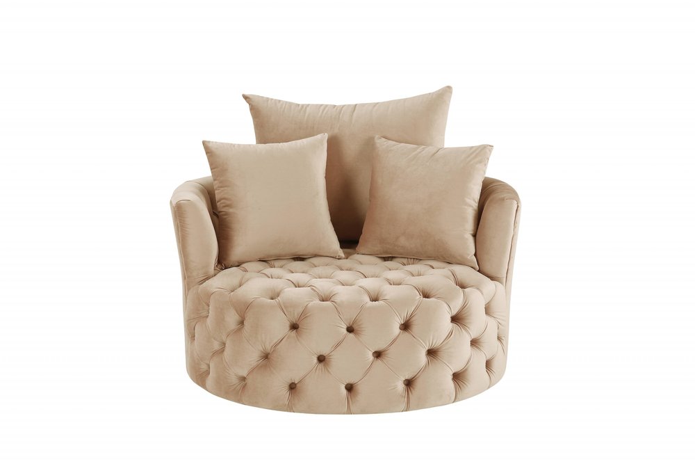 43" Beige Velvet Tufted Swivel Barrel Chair And Toss Pillows