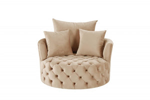 43" Beige Velvet Tufted Swivel Barrel Chair And Toss Pillows