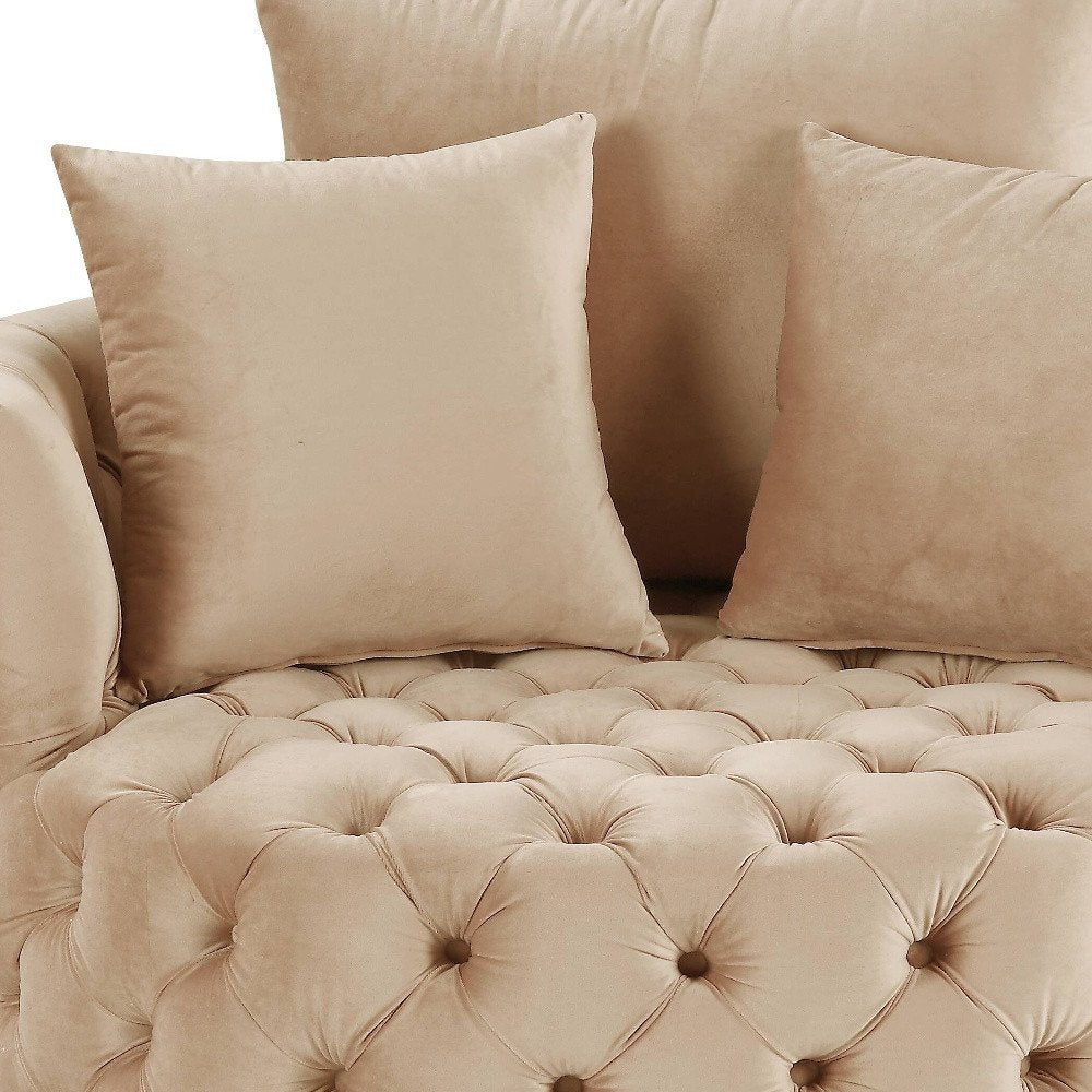43" Beige Velvet Tufted Swivel Barrel Chair And Toss Pillows