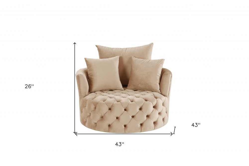 43" Beige Velvet Tufted Swivel Barrel Chair And Toss Pillows