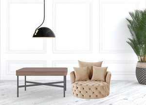 43" Beige Velvet Tufted Swivel Barrel Chair And Toss Pillows