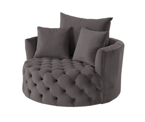 43" Gray Velvet Tufted Swivel Barrel Chair And Toss Pillows