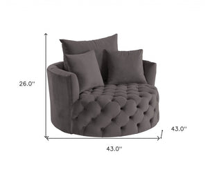 43" Gray Velvet Tufted Swivel Barrel Chair And Toss Pillows