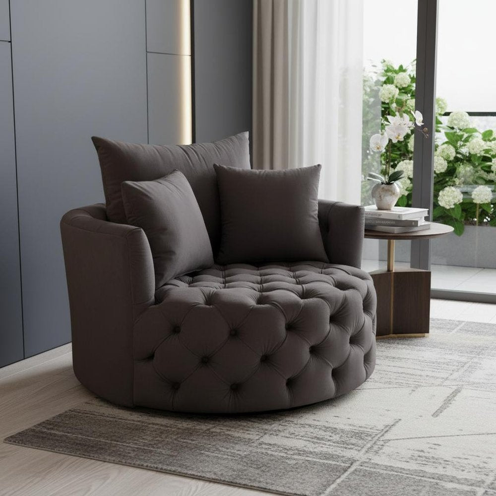 43" Gray Velvet Tufted Swivel Barrel Chair And Toss Pillows