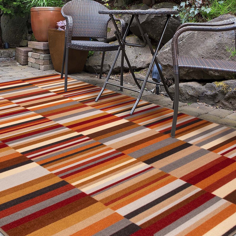 5' X 8' Gray Orange And Red Striped Washable Indoor Outdoor Area Rug