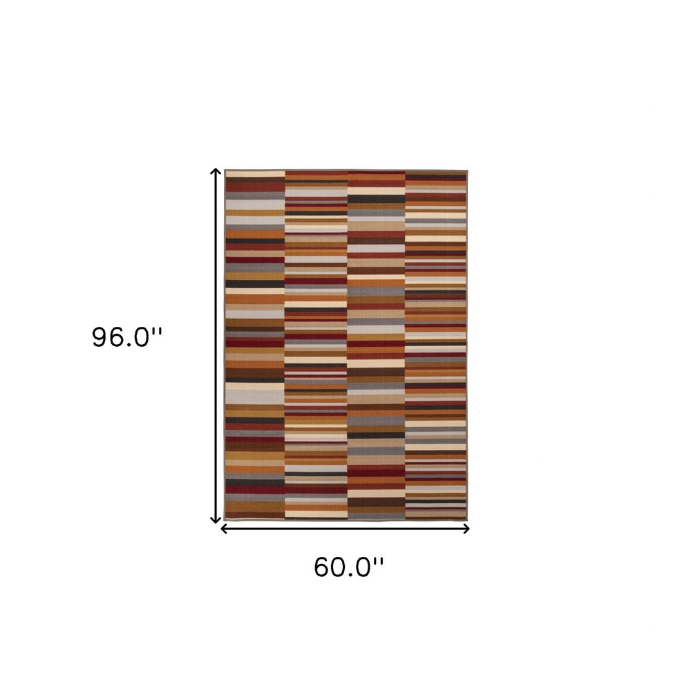 5' X 8' Gray Orange And Red Striped Washable Indoor Outdoor Area Rug