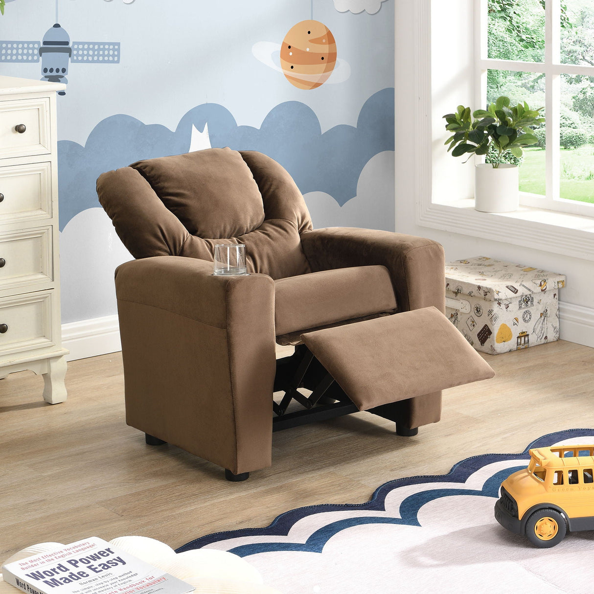 Kids Recliner Chair, Kids Upholstered Couch With One Cup Holder, Toddlers Recliner With Headrest And Footrest - Brown by Couch.com
