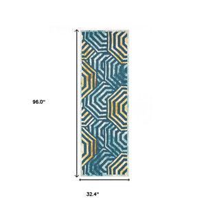 8' Runner Navy Blue- Cream Geometric Stain Resistant Indoor Outdoor Runner Rug