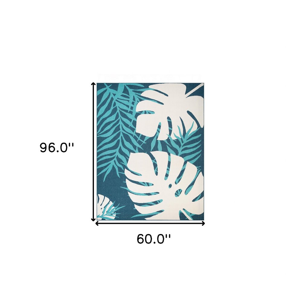 5' X 8' Blue Green Cream Geometric Stain Resistant Indoor Outdoor Area Rug