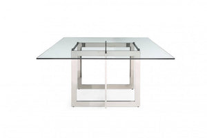 59" Clear And Gunmetal Square Glass And Stainless Steel Pedestal Base Dining Table