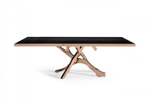 87" Black And Gold Glass And Stainless Steel Pedestal Base Dining Table