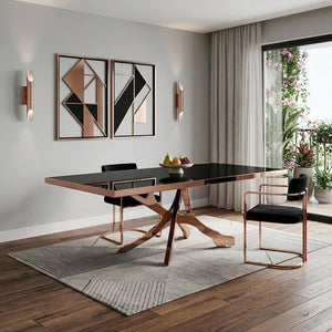 87" Black And Gold Glass And Stainless Steel Pedestal Base Dining Table