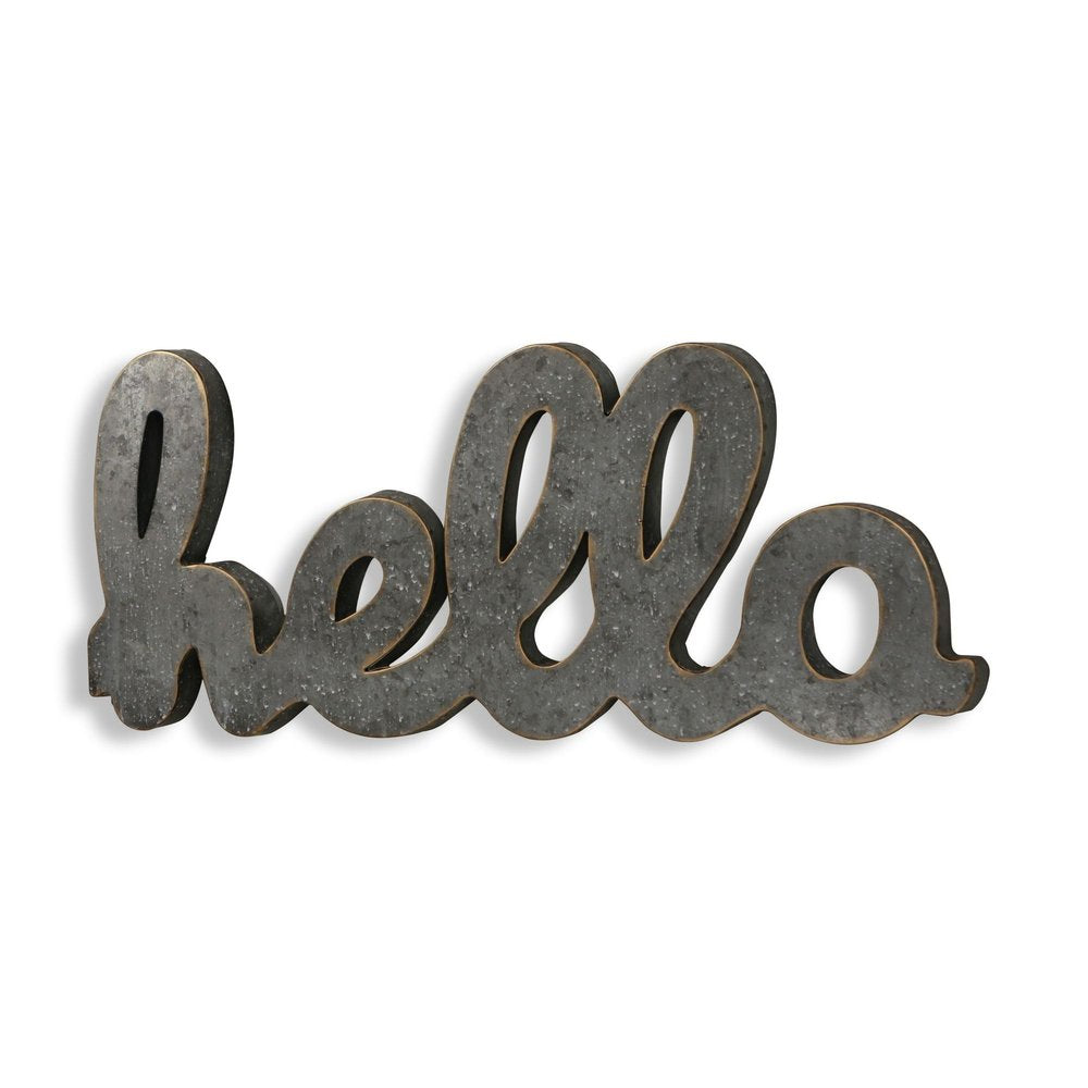 12" X 28" Gray Handcrafted Abstract hello Metal Wall Decor