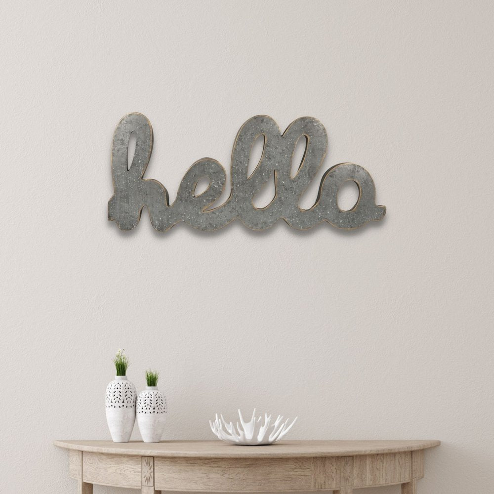12" X 28" Gray Handcrafted Abstract hello Metal Wall Decor