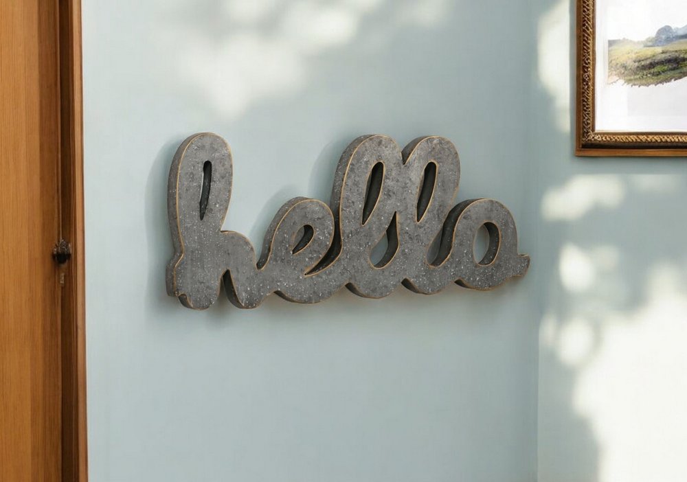 12" X 28" Gray Handcrafted Abstract hello Metal Wall Decor