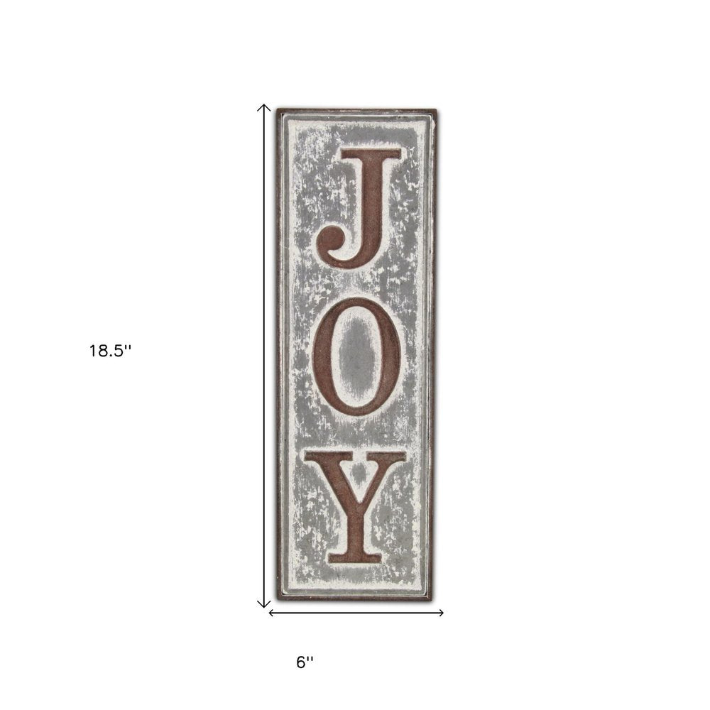 19" X 6" Gray and Brown Handcrafted Joy Metal Wall Decor