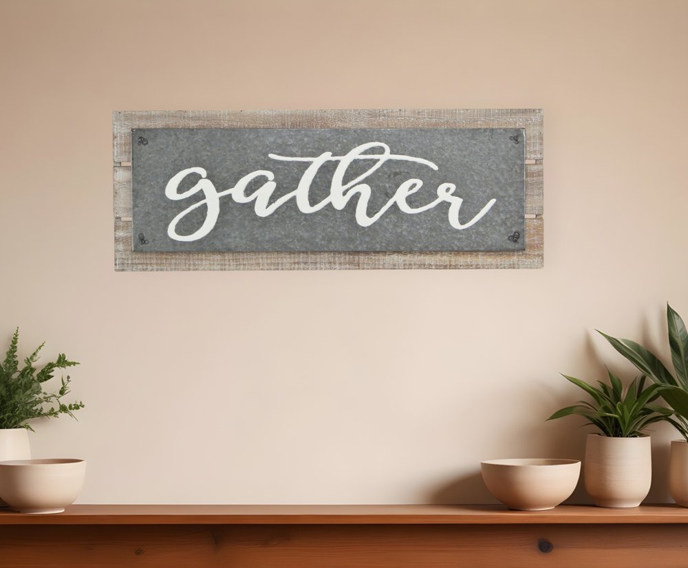 10" X 25" Brown and Gray Gather Wood and Metal Wall Decor