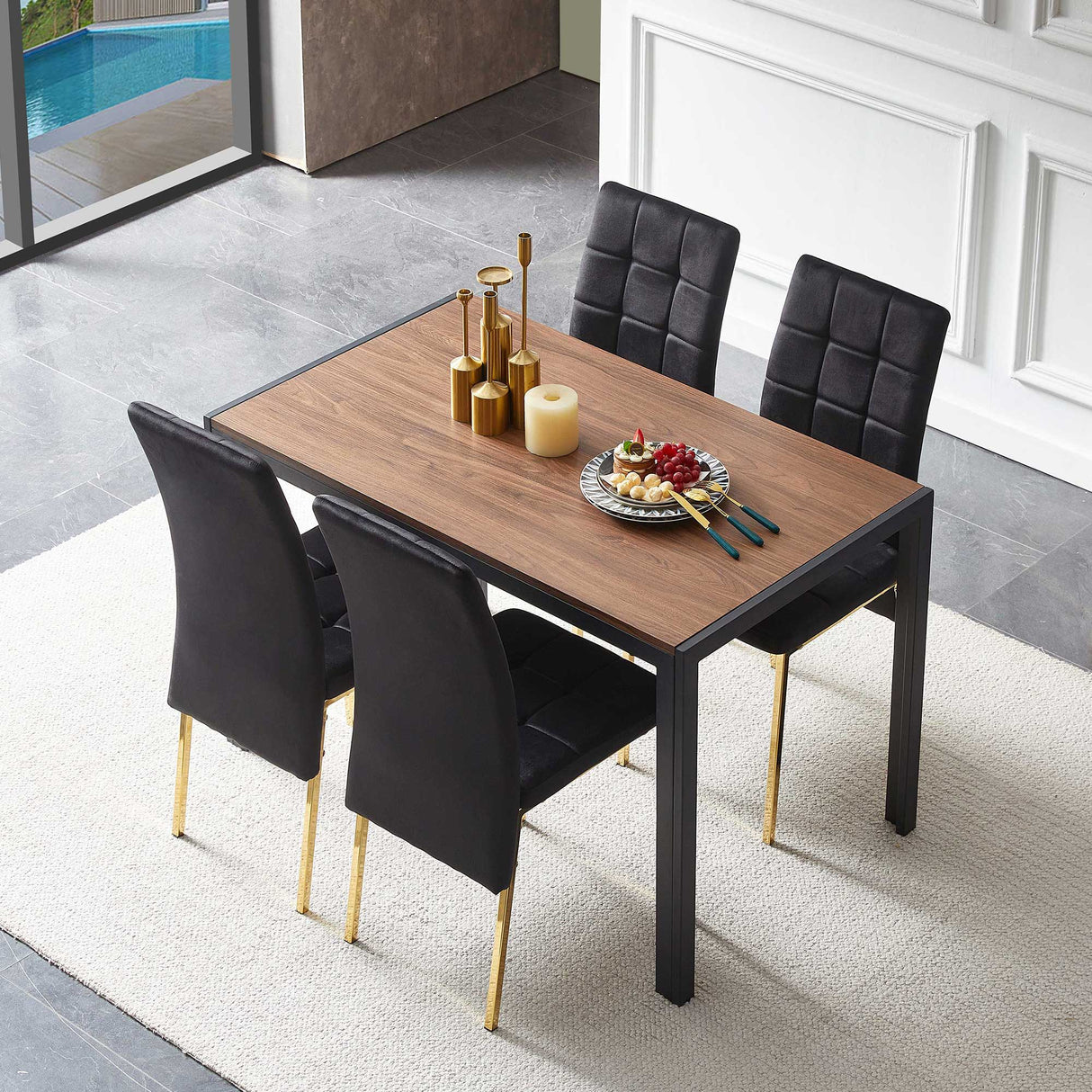 5 Pieces Dining Set Including Velvet High Back Golden Color Legs Nordic Dining Chair & Creative Design Dining Table by Couch.com