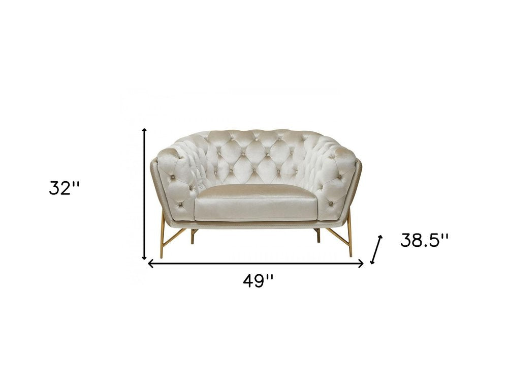 49" Beige And Gold Velvet Tufted Arm Chair