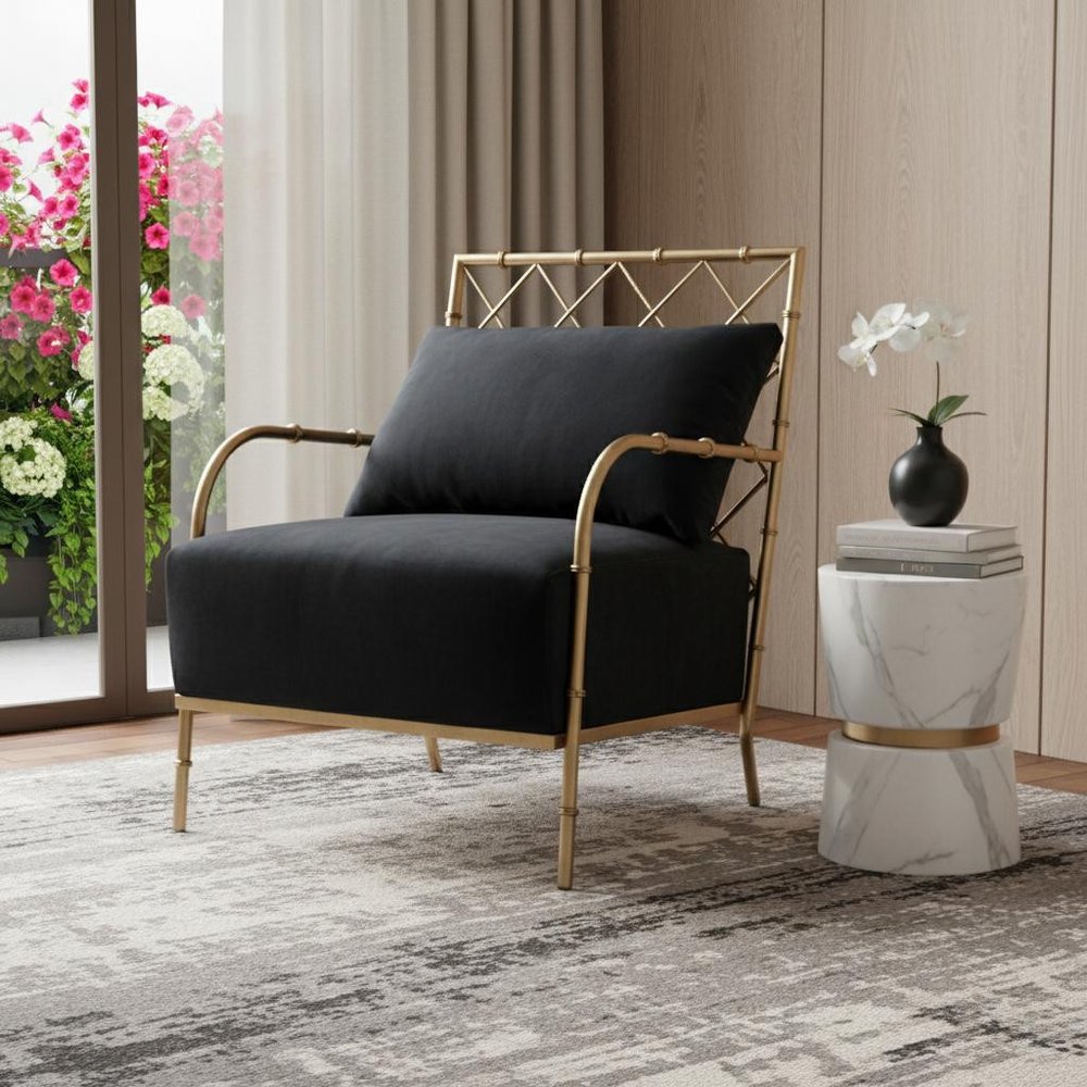 25" Black And Gold Velvet Arm Chair