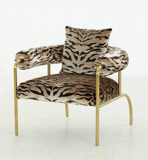 34" Beige And Black And Gold Upholstered Animal Print Barrel Chair