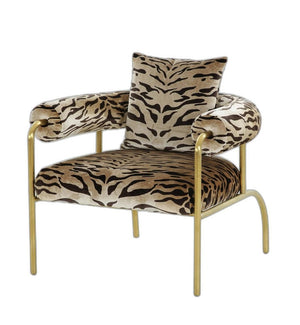 34" Beige And Black And Gold Upholstered Animal Print Barrel Chair
