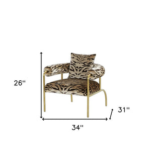 34" Beige And Black And Gold Upholstered Animal Print Barrel Chair
