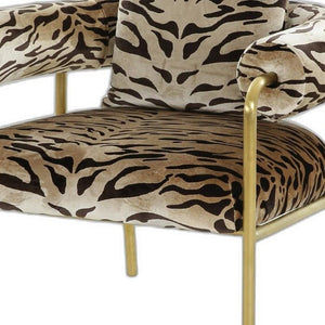 34" Beige And Black And Gold Upholstered Animal Print Barrel Chair