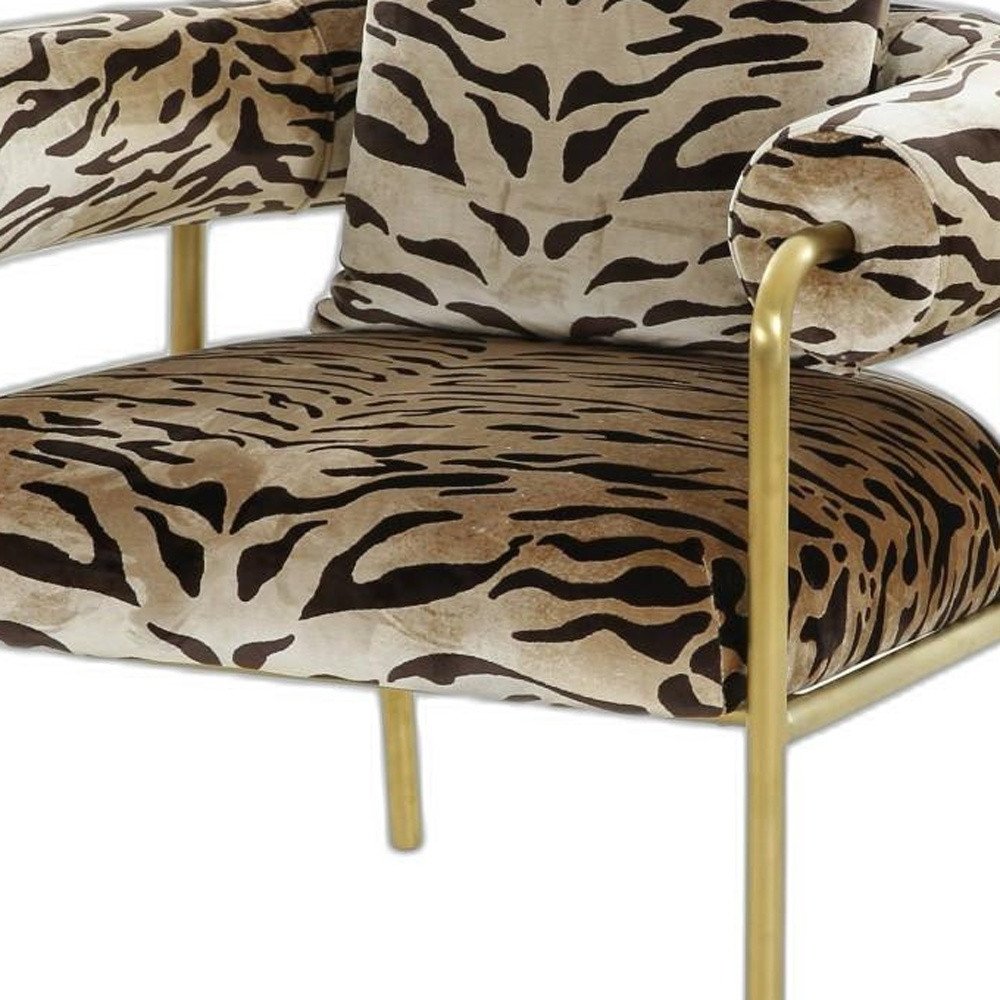 34" Beige And Black And Gold Upholstered Animal Print Barrel Chair