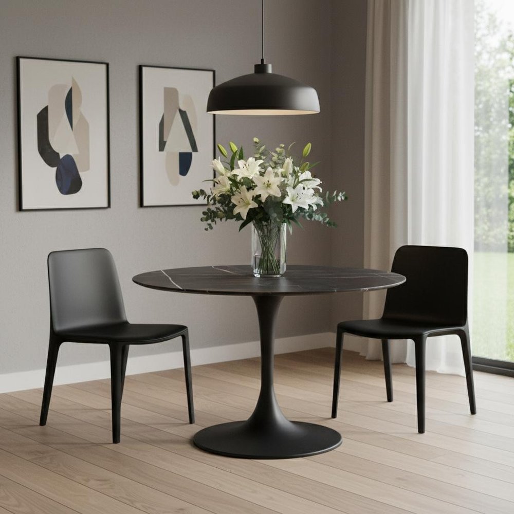 47" Black Rounded Ceramic And Metal Pedestal Base Dining Table