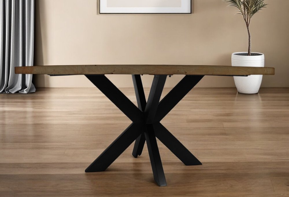 60" Natural And Black Rounded Solid Wood And Iron Pedestal Base Dining Table