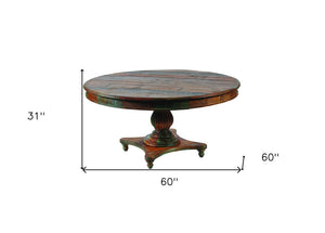 60" Brown Rounded Solid Wood Pedestal Base Dining Table