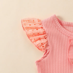 Girls' Flounced Sleeve Buttons Sunken Stripe Cotton Shorts Suit