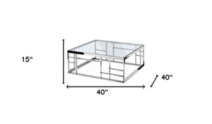 40" Clear and Silver Glass And Stainless Steel Square Frame Coffee Table
