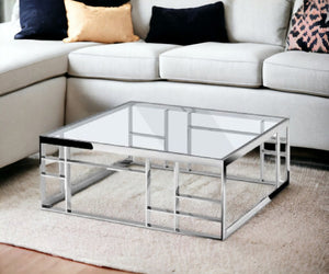 40" Clear and Silver Glass And Stainless Steel Square Frame Coffee Table