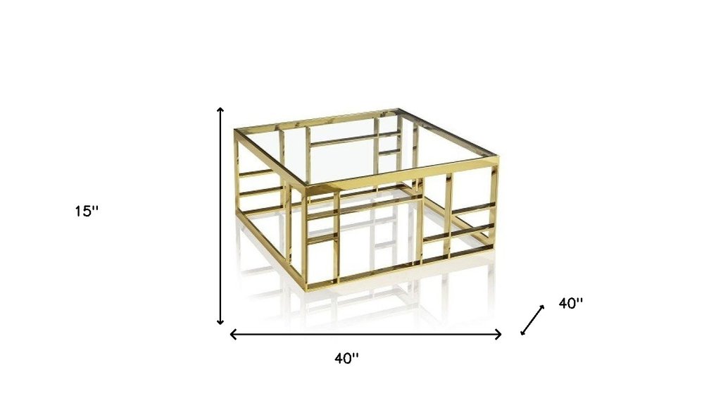 40" Clear and Gold Glass And Stainless Steel Square Frame Coffee Table