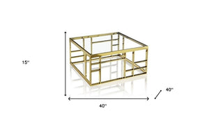 40" Clear and Gold Glass And Stainless Steel Square Frame Coffee Table