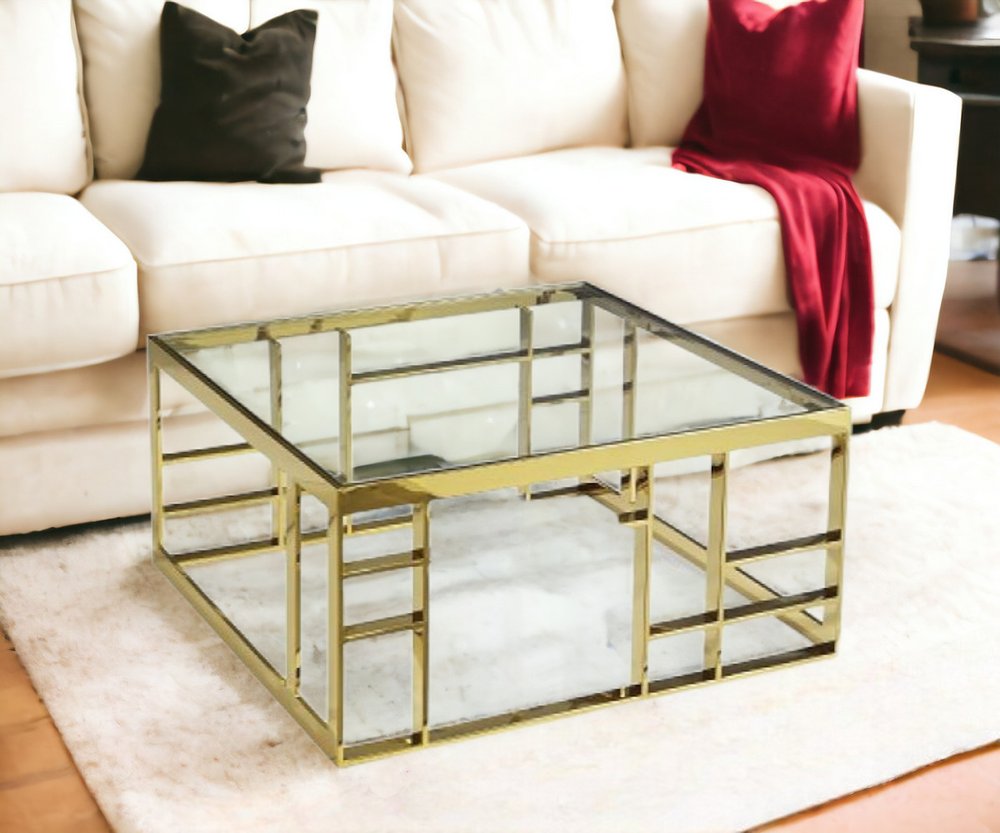 40" Clear and Gold Glass And Stainless Steel Square Frame Coffee Table